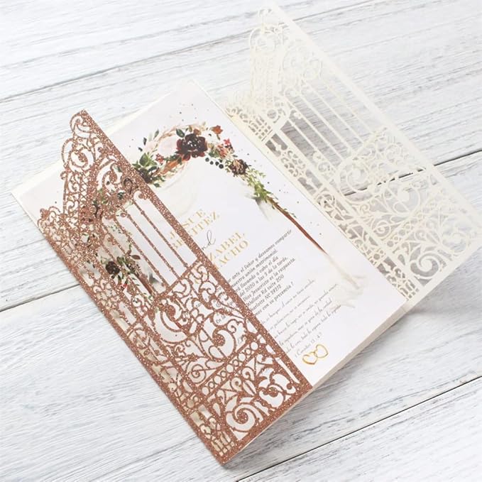 Glittery Hollow Rose Gold Invitations Gate Design For Weddings Engagement Mermaid 25 Sets (rose gold, 4.9"x7.1")