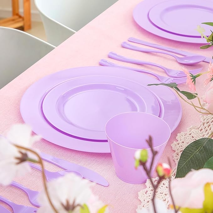 KIRE 150 PCS Purple Plastic Plates - Purple Dinnerware Set Disposable 25 Dinner & 25 Salad Plates 25Forks 25Knives 25Spoons 25Clear Cups for Birthday/Baby Shower