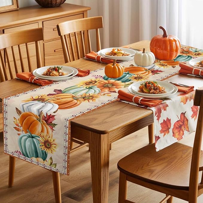 Fall Thanksgiving Southwest Cotton Linen Table Runner for Dining Kitchen, Orange Pumpkins Wedding Outdoor Party Rustic Tablerunners Decoration, Sunflower Dresser Scarf Tablecloth Runners 13x48 Inches