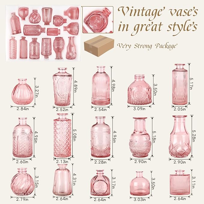 Bud Vases for Centerpieces Wedding,Flower Vases in Bulk for Rustic Home Decor,Small Vases for Wedding,Mother's Day,Graduation,Christmas,Birthday Party,Valentine's Day(Pink,15 Pcs)
