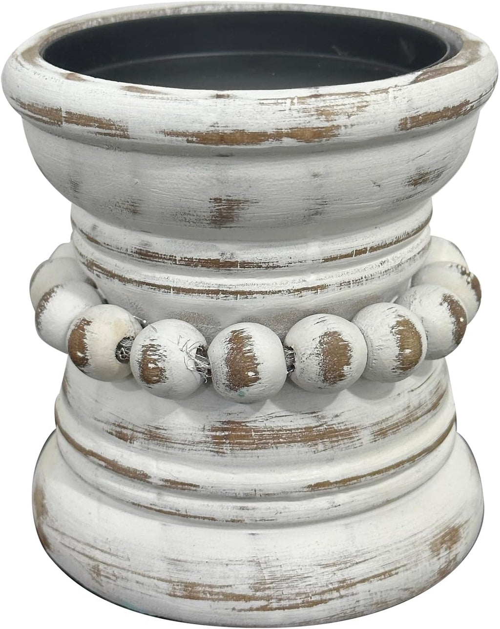 dwellington Farmhouse Rustic Wood Pillar Candle Holder, Decorative Beaded Candlestick Holder Stand for Home Décor, Gifts, Wedding (White Wash)