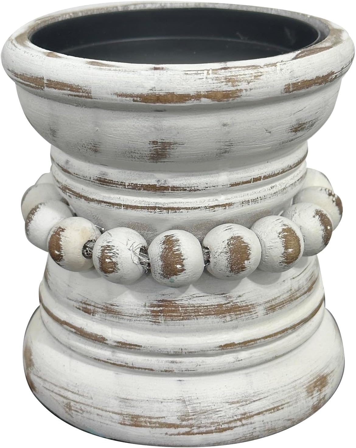 dwellington Farmhouse Rustic Wood Pillar Candle Holder, Decorative Beaded Candlestick Holder Stand for Home Décor, Gifts, Wedding (White Wash)