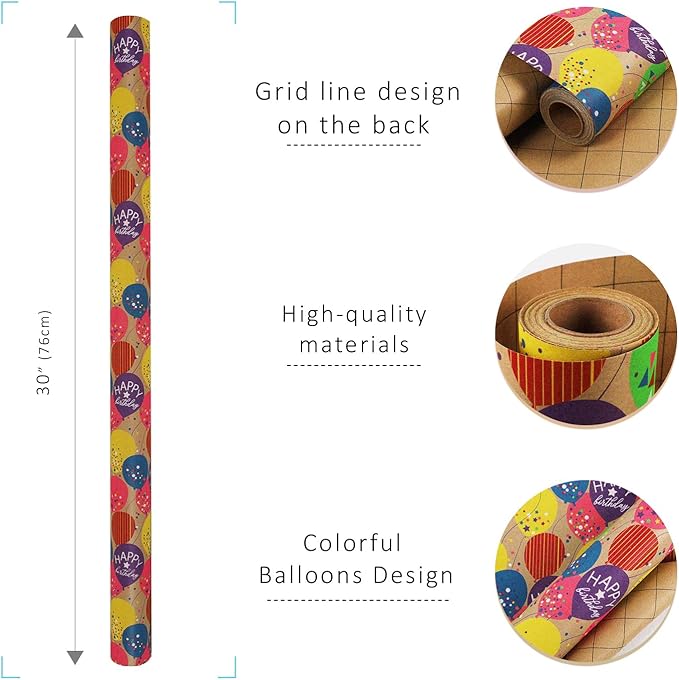 LaRibbons Birthday Wrapping Paper Roll for Kids, 30 Inch x 33 Feet (83 sq. ft. ttl.) Kraft Gift Wrap Paper with Colorful Balloon Pattern for Baby Shower Holiday Party