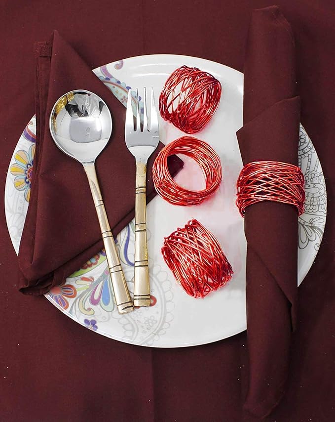 Handmade Round Red Mesh Napkin Rings Set of 12 Holder for Dinning Table Parties Everyday, Dia: 2 Inch