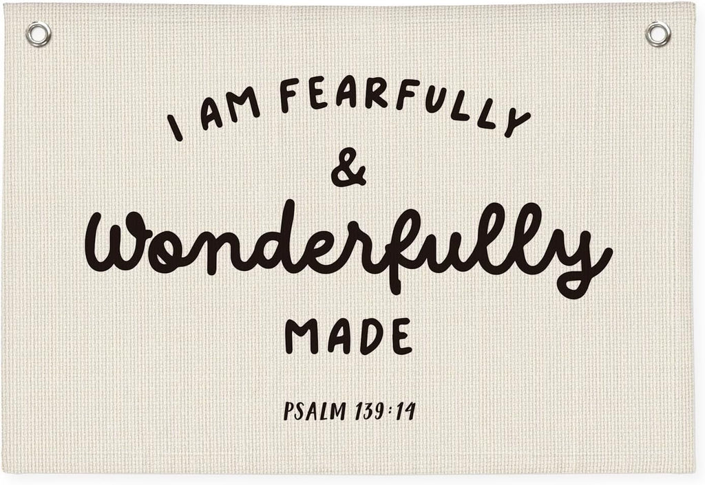 Kids Room Decor - Bible Verse Wall Hanging, 'I am Fearfully and Wonderfully Made' Linen Banner, Canvas Decoration for Classroom, Nursery, Kids Room