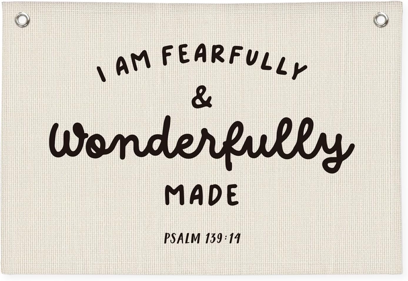Kids Room Decor - Bible Verse Wall Hanging, 'I am Fearfully and Wonderfully Made' Linen Banner, Canvas Decoration for Classroom, Nursery, Kids Room