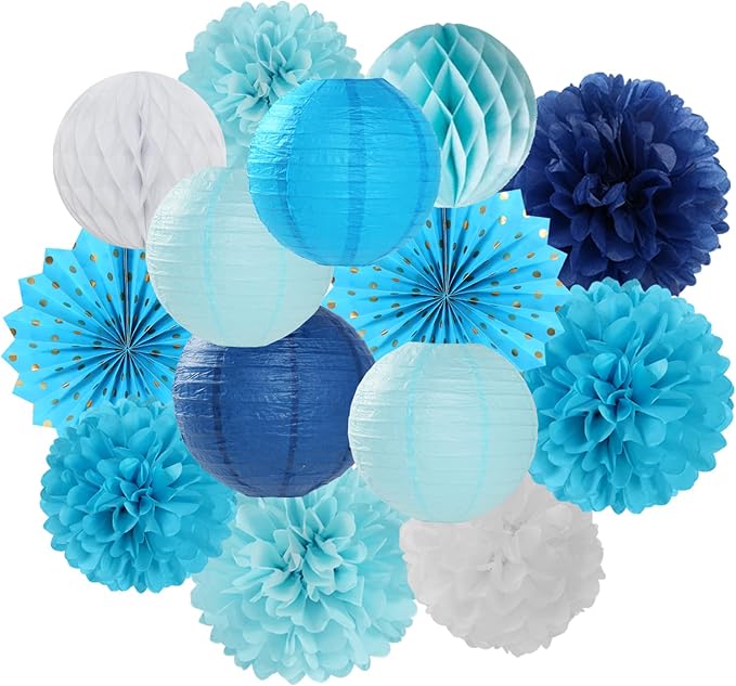 Light-Royal Navy-Blue White Party-Decorations Streamers - 14pc Boy Birthday Baby Shower Paper Lanterns Fan,Tissue Pom Poms,Honeycomb Balls,Bachelorette Bridal Wedding Engagement Decor Lasting Surprise