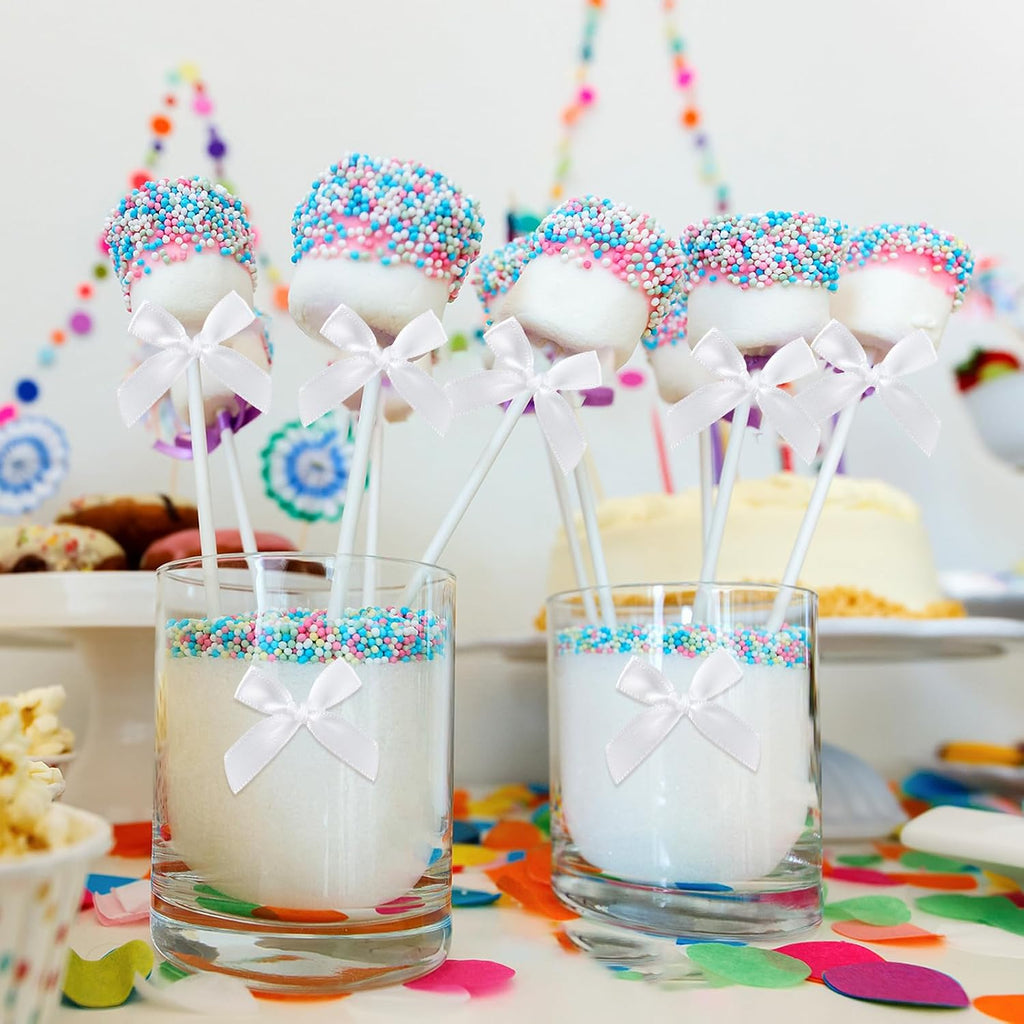 NEBURORA 100 Pcs Mini White Bows Small Satin Fabric Ribbons Bow with Dot Stickers for Gift Wrapping Cake Card DIY Crafts Wedding Party Decorations