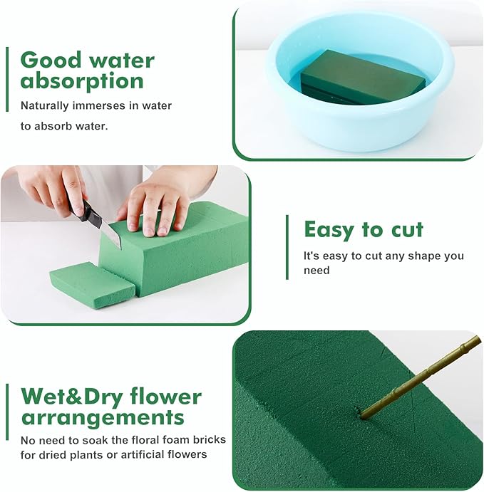 8 Pcs Floral Foam Blocks for Fresh & Artificial Flowers, 7.8" L x 3.5" W x 2.4" H Wet & Dry Green Flower Foam for Indoor Outdoor Floral Arrangements, Foam Bricks for Wedding, Birthdays, Home Décor