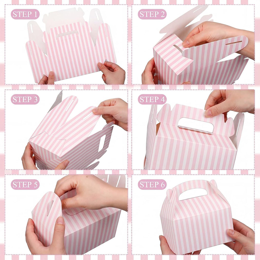 TecUnite 50 Pcs Pink Striped Party Favors Boxes Large Treat Candy Gift Boxes with Handles 6.3 x 6.3 x 3.5 Inches for Birthday Halloween Christmas Party Supplies