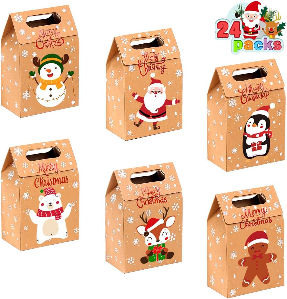 JOICEE Christmas Kraft Paper Gift Boxes 24pcs Xmas Goodies Treat Candy Bags Boxes for Christmas Party Favor (Pack of 2)