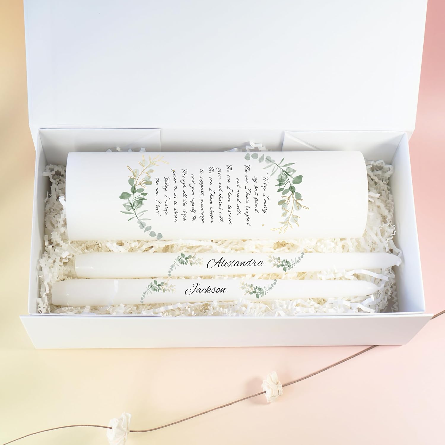 Unity Candles for Wedding, Modern Unity Set, Custom and Personalized Taper Candles with Bible Quote, Unscented White Premium Wax, Religious and Wedding Ceremony, Special Events (Custom Names)