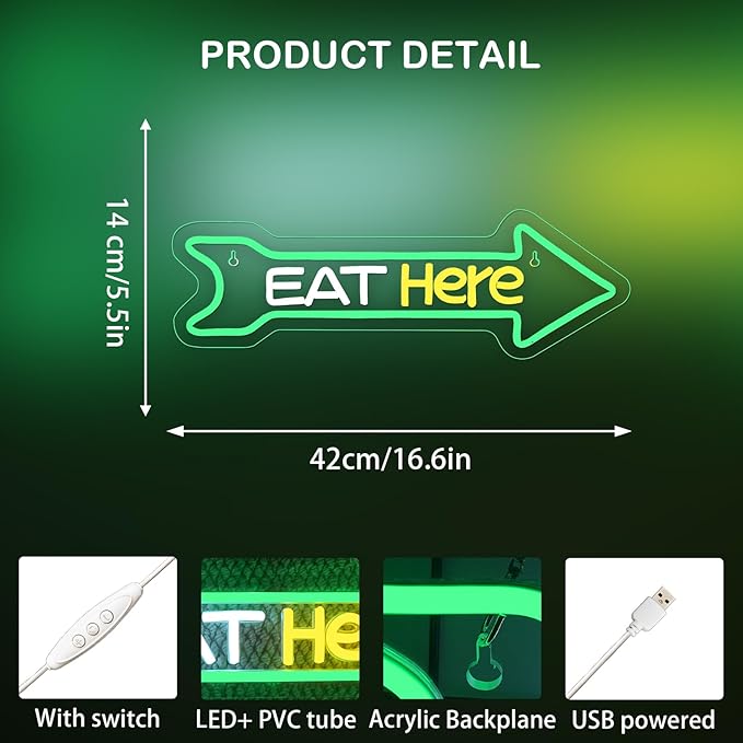Looklight Eat Here Arrow Neon Sign Dimmale Neon Lights For Wall Decor Led Lights For Home Kitchen Restaurant Bar Party Decor USB Powered 16.6x5.5in