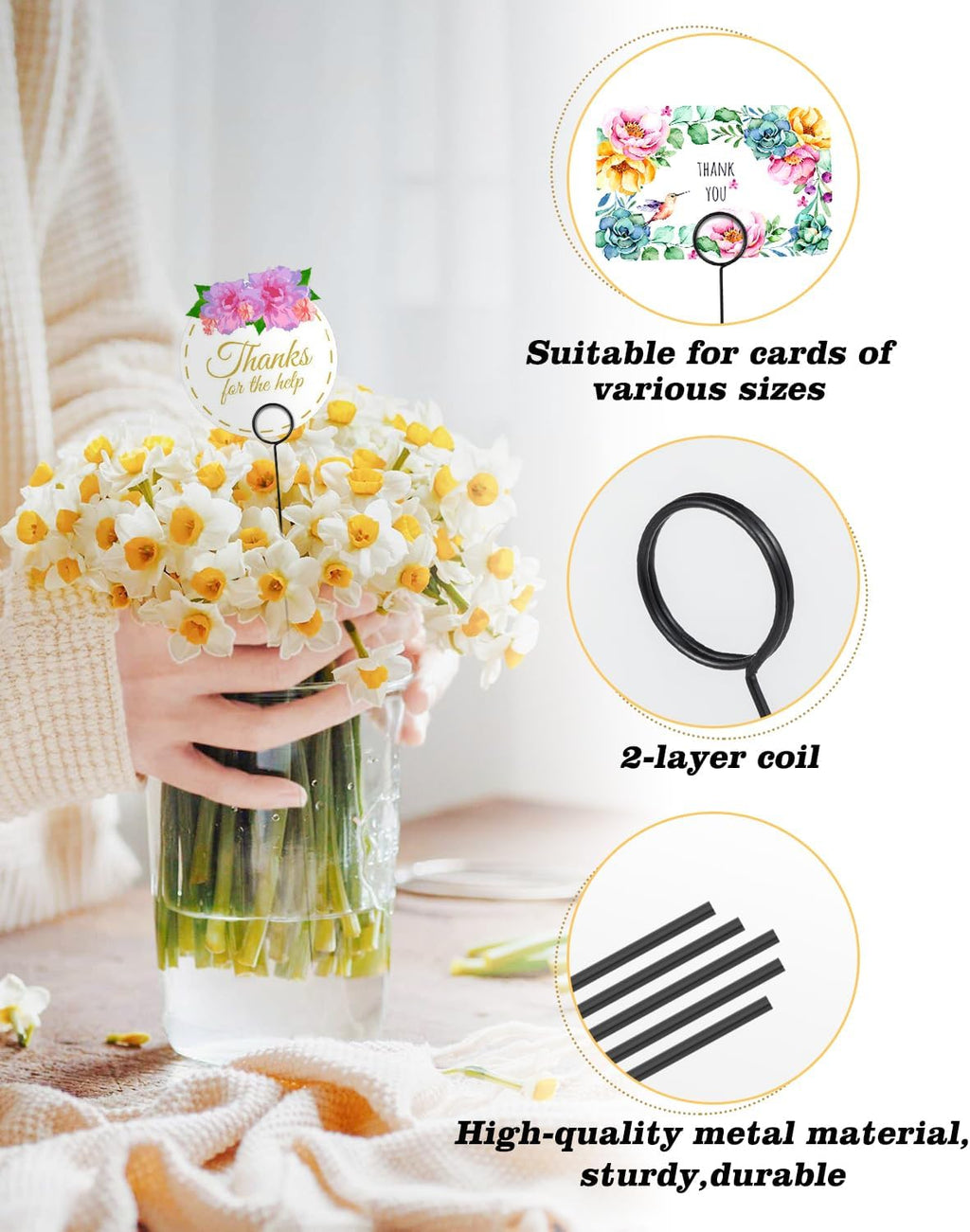 Avsty 30Pcs Floral Card Holder Picks-Wire Place Card Holder for Wedding-Metal Photo Picture Clip Holder-Table Name Number Holder,Memo Note Holder for Flower Arrangement,Wedding,Party(Black, Round)