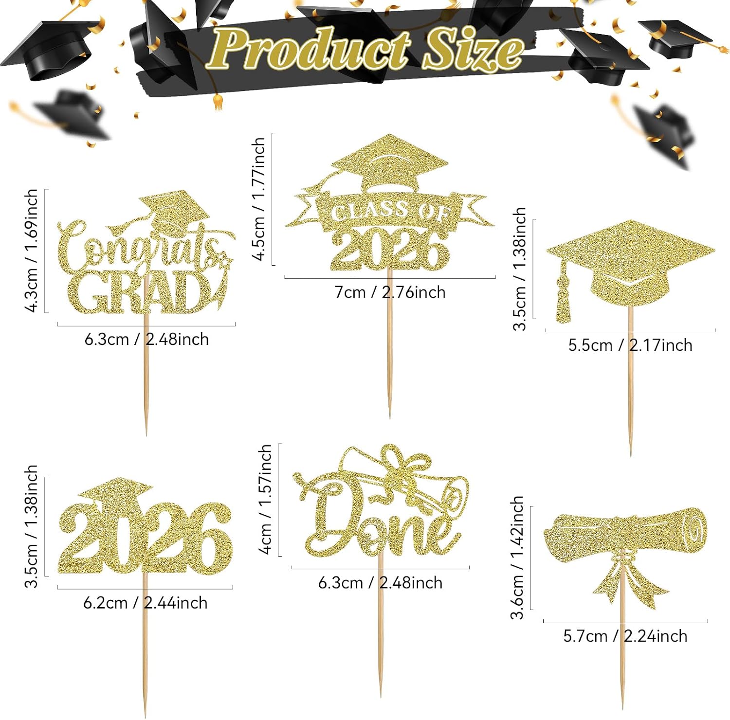 WILDREEDS 48Pcs 2026 Graduation Cupcake Toppers Class of 2026 Cupcake Picks Grad Cap Diploma Cake Decorations for 2026 Graduation Theme Party Cake Decorations Supplies-Gold
