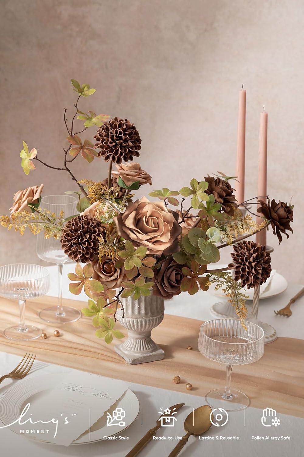 Ling's moment Artificial Flowers Fake Roses Faux Gardenia Foam Brown Beige | Silk Flower, Real Touch Filler Flower, Indoor Outdoor Decor, Table Centerpieces, Wedding Bouquets, Floral Arrangments, 24pcs
