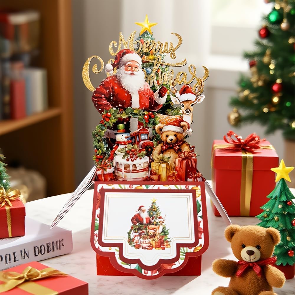 Vintage 4-Layer Christmas Greeting Card with Santa Claus, Reindeer & Tree Design - White Paper Holiday Card with Envelope, Festive Holiday Party Invitation for Friends & Family