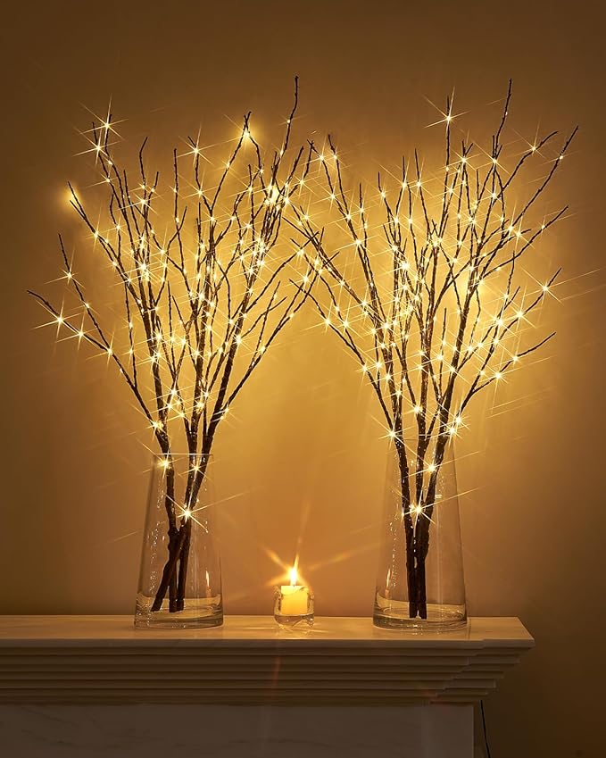 Birchlitland Lighted Branches for Vase 32in Tall 150 LED Plug in, Brown Artificial Willow Lights with Timer Home Christmas Party Mantle Decor