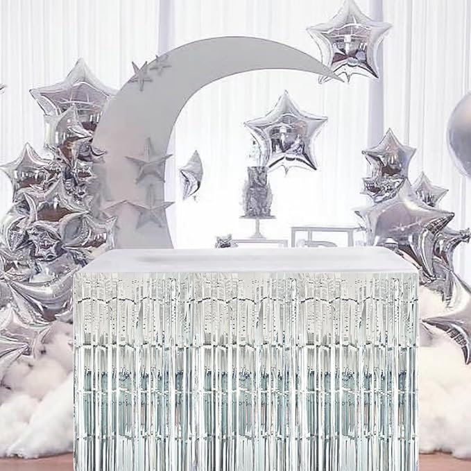 Silver Streamers Party Decorations, 2 Packs Silver Table Skirts Metallic Foil Fringe Tinsel for Birthday Disco Bachelorette Baby Shower Wedding Graduation Float Parade Party Supplies - 29x108 Inch