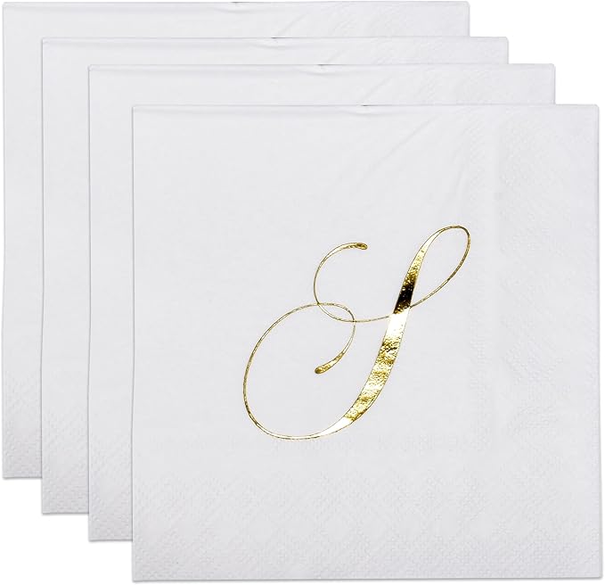 Gift Boutique 100 Gold Monogram Cocktail Napkins Letter S Disposable Paper Pack Elegant Metallic Golden Foil Hand Napkin for Powder Room Wedding Holiday Birthday Party Baby Shower Decorative Towels