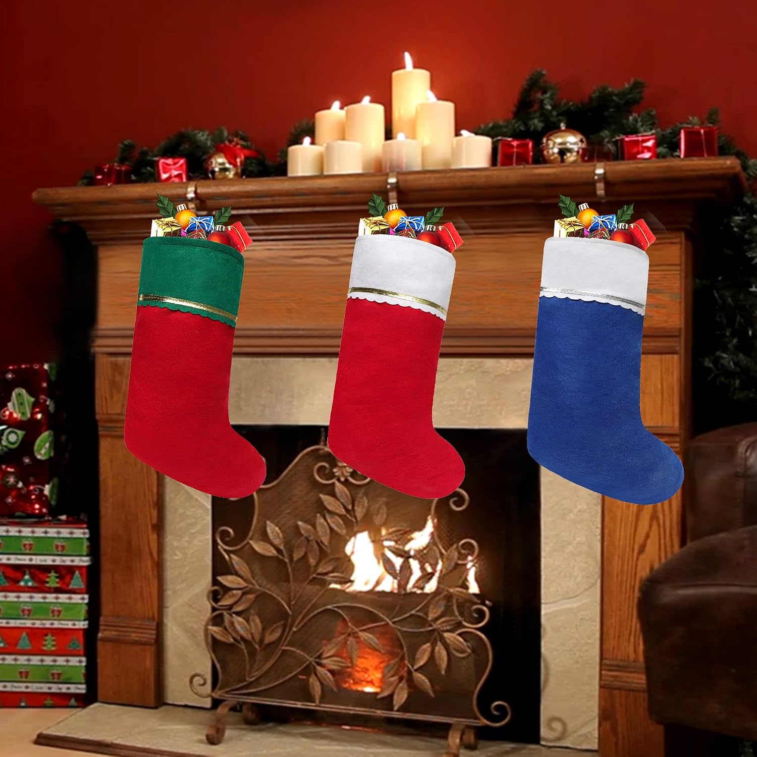 24 Pack Felt Christmas Stockings, 19 Inches Red and White Christmas Stockings Hanging Ornaments, White Cuff with Gold Trim Christmas Stockings for Family Christmas Holiday Decorations