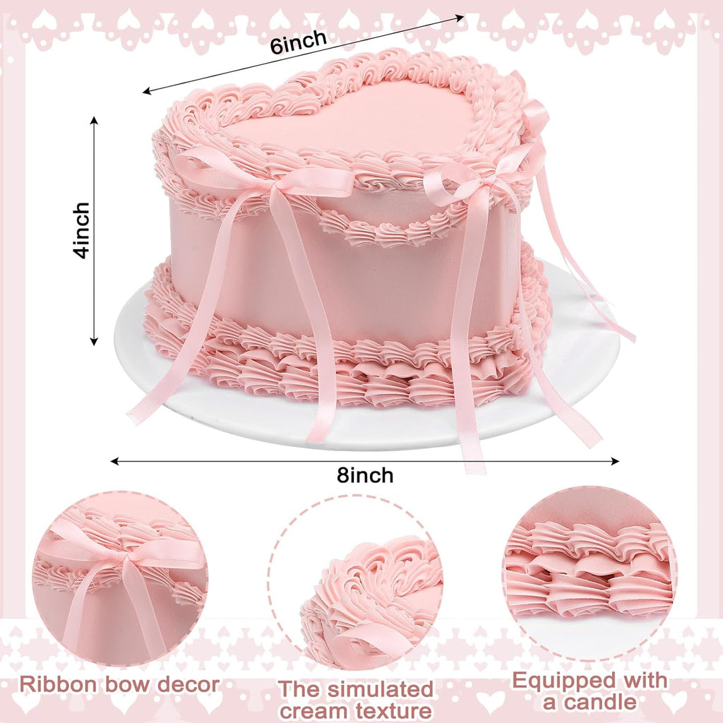 Remerry 6 Inch Pink Bow Fake Cake Coquettish Birthday Fake Cake Decor Wedding Dessert Props Reusable Artificial Heart Dessert for Props Women Birthday Gift Anniversary Party Decor