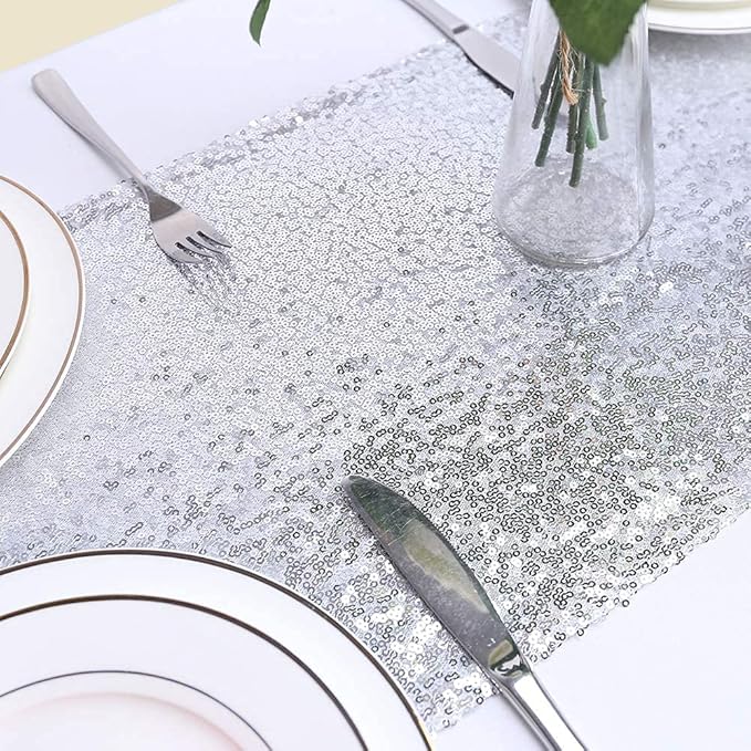 Eternal Beauty Silver Table Runner for Wedding, 5PCS-12x72 Sequin Table Runner Decorations for Birthday Parties, Banquets, Graduations,Christmas