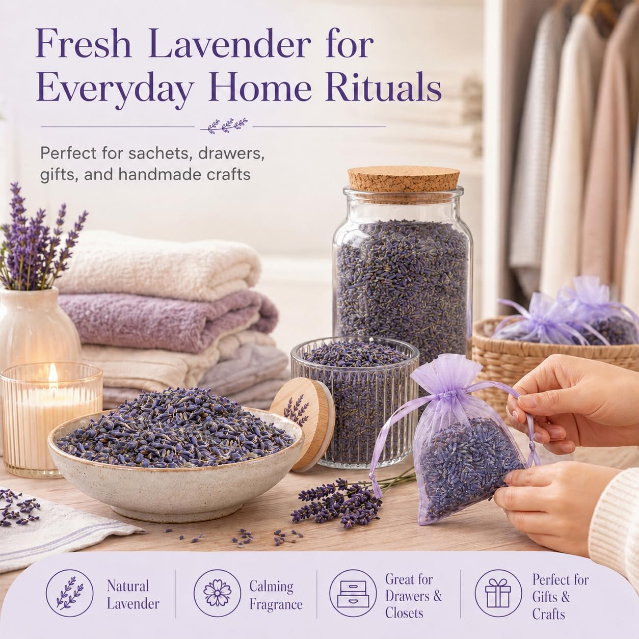 Sukh 3oz Dried Lavender Flowers - Make Sachets for Drawers and Closets | Lavender Buds for DIY Crafts, Bath Salts, Candles, Soap Making| Car Potpourri, Meditation| Wedding, Birthday, Bridal Shower