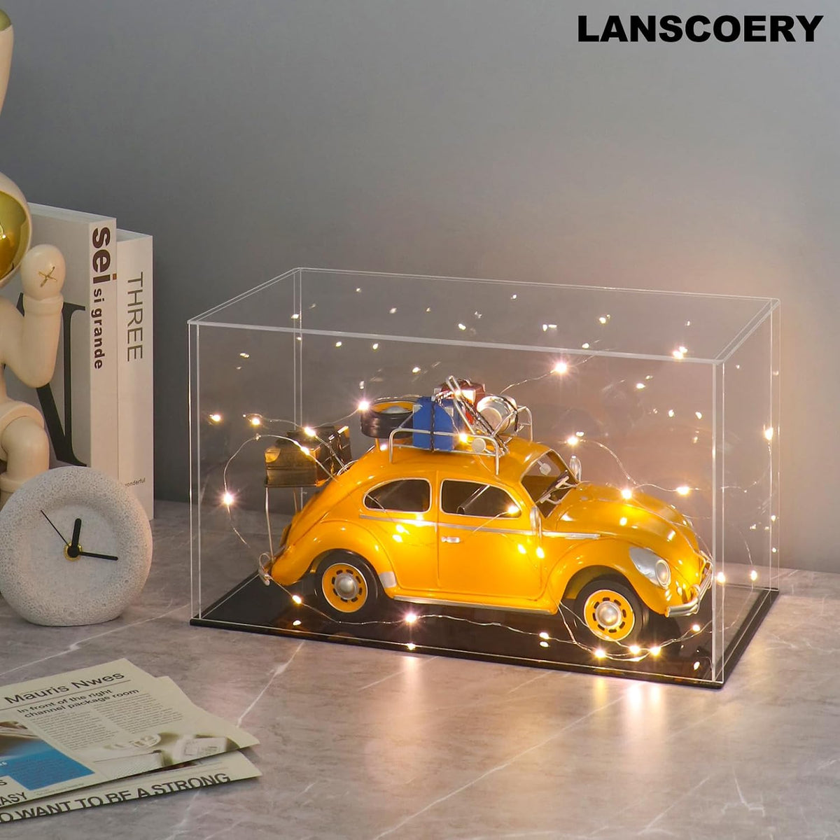 lanscoery acrylic display case for vehicle models, 9.8x5.9x7.9, front angle view