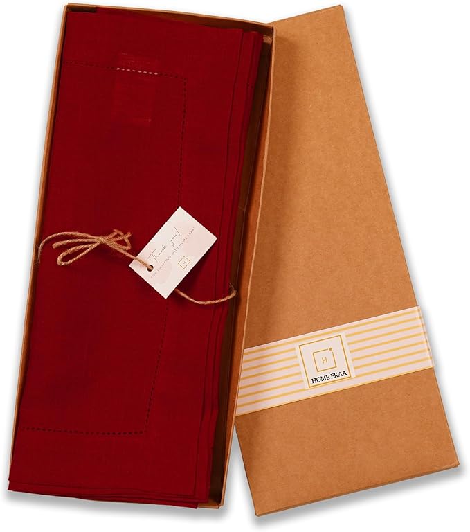 Linen Table Runner 14 x 120 Inch Long - 100% Pure Linen Christmas Red Table Runner - Cloth Fabric Hemstitch Runner for Thanksgiving, Christmas, Winter, New Year - Elara
