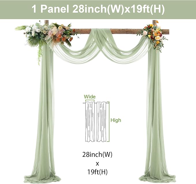 1 Panels Wedding Arch Draping Fabric Sage Green Sheer Backdrop Curtain Arch Drape for Wedding Ceremony Reception,Bridal Shower Party Decorations 28" X 19ft