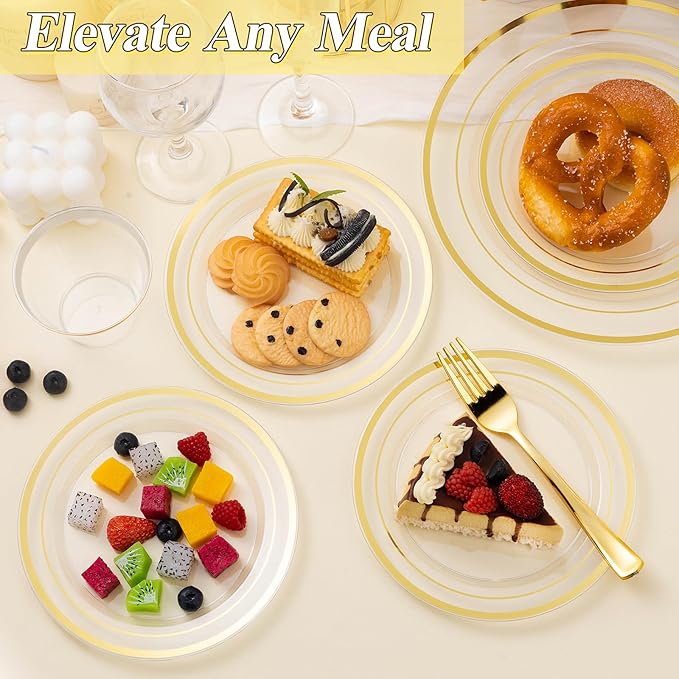100PCS Clear Gold Plastic Plates Set, 50 10.25 inch Dinner Plates and 50 7.5 inch Dessert Plates, Disposable Plates for Party, Wedding
