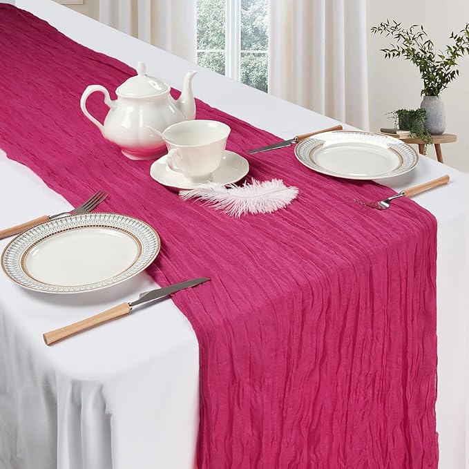 6 Pack Hot Pink Cheesecloth Table Runner 10ft Boho Gauze Fabric Cheese Cloth Table Runner 35 x 120 Inch Rustic Sheer Runner for Romantic Wedding Decor Baby Shower Party Table Centerpiece Decoration