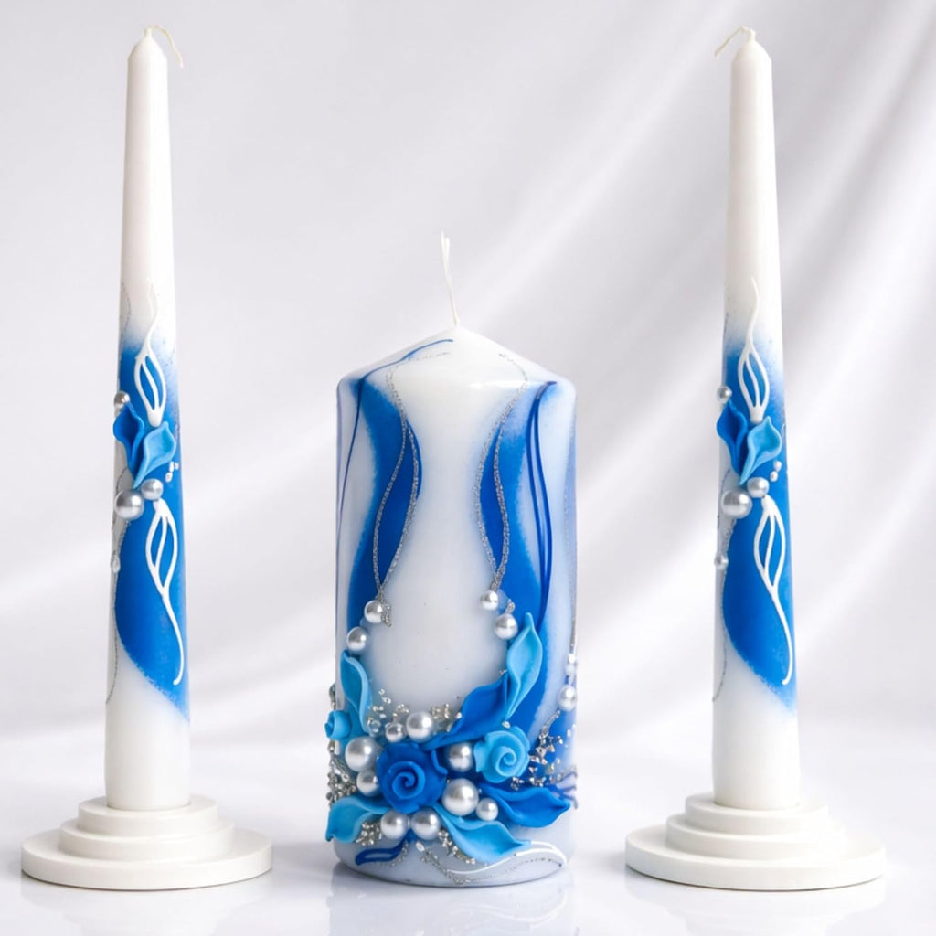 Unity Candle Set - Wedding Ceremony & Reception – 6” Pillar & Two 10” Taper Candles – Long Burning Unity Candles for Marriage Ritual – Handmade in USA - Royal | Blue