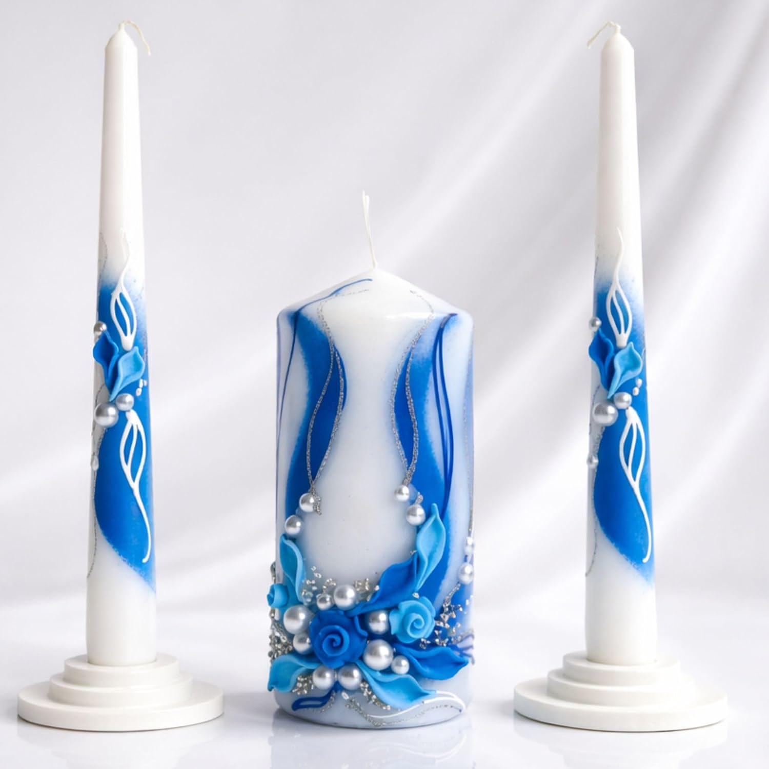 Unity Candle Set - Wedding Ceremony & Reception – 6” Pillar & Two 10” Taper Candles – Long Burning Unity Candles for Marriage Ritual – Handmade in USA - Royal | Blue