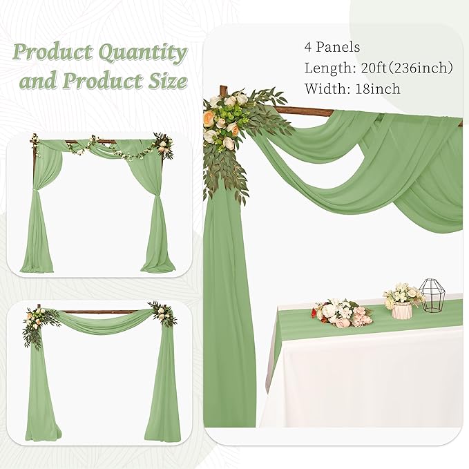 6 Panels Sage Green Wedding Arch Drapery 28" x 20Ft Wedding Arch Draping Fabric Chiffon Fabric Drape Backdrop Curtain for Weddings Party Swag Ceremony Birthday Arbor Drapery Reception Ceiling Décor