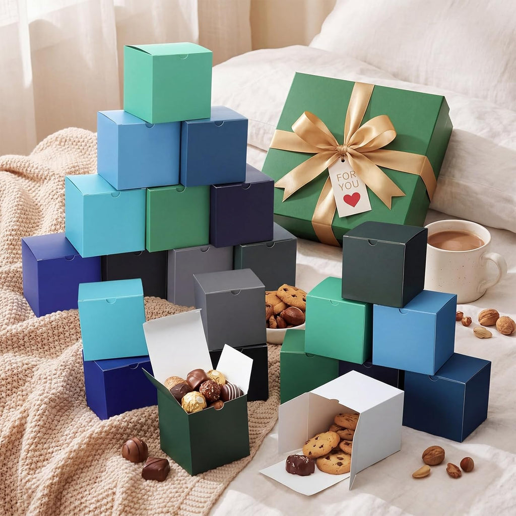 Zhehao 48 Pack Blue and Green Gift Boxes 12 Colors Small Cardboard Gift Boxes with Lids Bulk 4 x 4 x 4 Inch Square Kraft Cube Paper Box Assemble for Candles Wedding Presents Easy Birthday