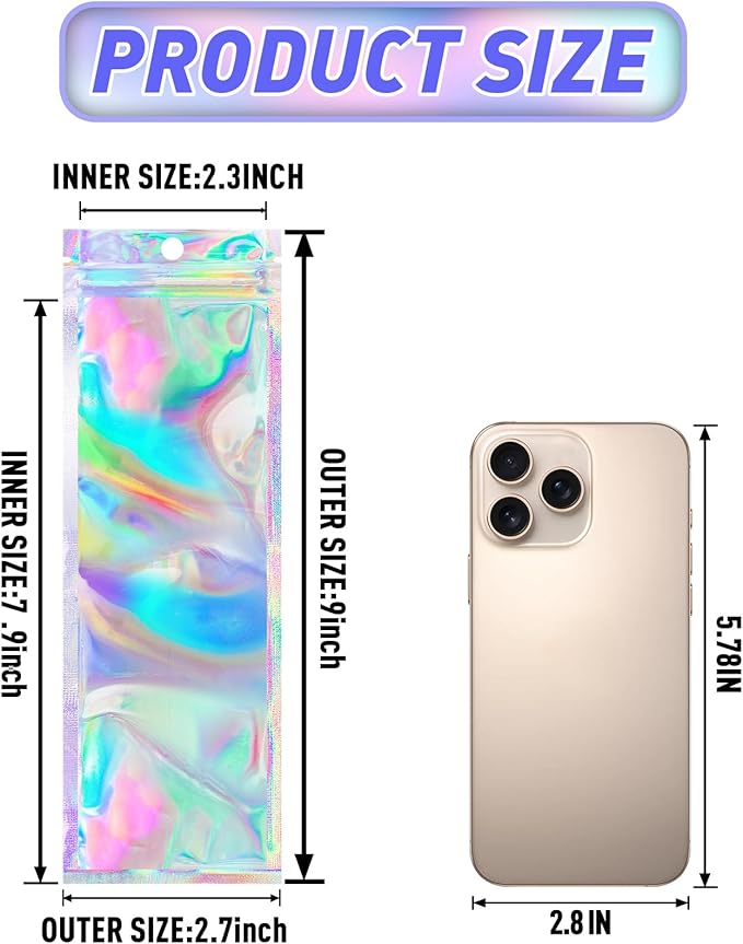 FUNFERY 100 Pack Holographic Bags Clear Window Resealable Bags for Candy Party Favor, Mylar Zipper Bag Stripping Foil Pouch Packaging Bag for Pen,Jewelry,Brushes Small Business Supplies(2.7x9in)