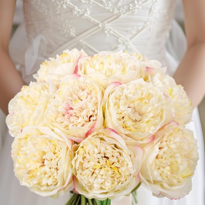 U'Artlines 2 Bouquet 10 Heads Artificial Peony Silk Flower Leaf Home Office Wedding Party Festival Bar Decor (Champagne)