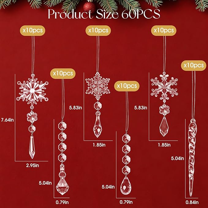 40pcs Christmas Ornaments Set for Tree Decorations- Hanging Acrylic Crystal Snowflake Christmas Decorations Icicle Drop Ornaments for Winter Christmas Tree New Year Party Supplies