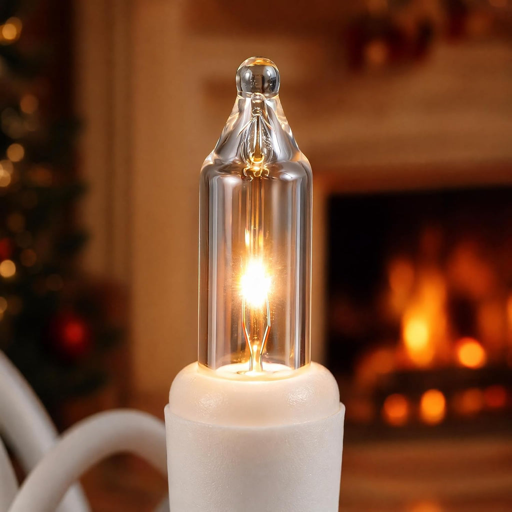 21ft White Wire Clear Bulb String Lights UL Certified | Classic warm glow for Christmas, wedding, patio. UL588 certified. IP44 waterproof. Connect up to 5 sets.