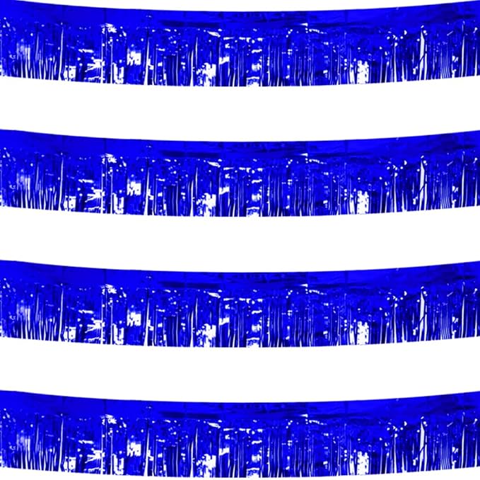 4 Pack Royal Blue Total 40 Feet Foil Fringe Garland Metallic Tinsel Banner Wall Hanging Drapes Parade Float Skirting Decorations for Trailer Mardi Gras Party Birthday Wedding Baby Shower