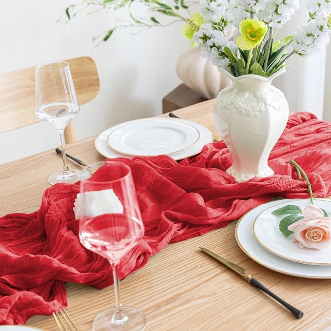 Asee'm Fall Table Runner Cheesecloth 10FT Red Boho Gauze Fabric Rustic Sheer Cheese Cloth Runners for Thanksgiving Wedding Bridal Shower Party Decoration