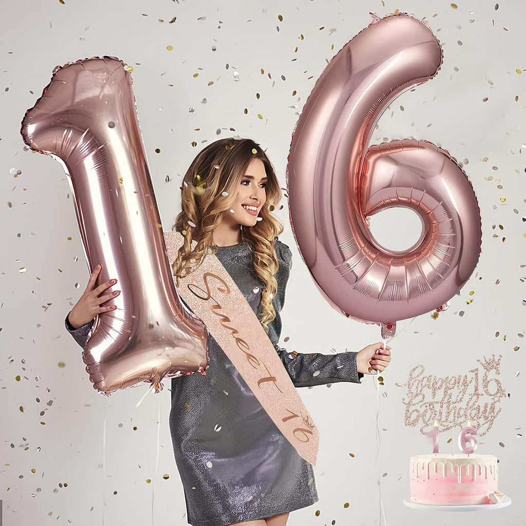 Sweet 16 Birthday Party Decorations for Girls, Sweet 16 Sash and Tiara, Cake Toppers, Number Candles and Balloons, 16th Birthday Gifts for Girls