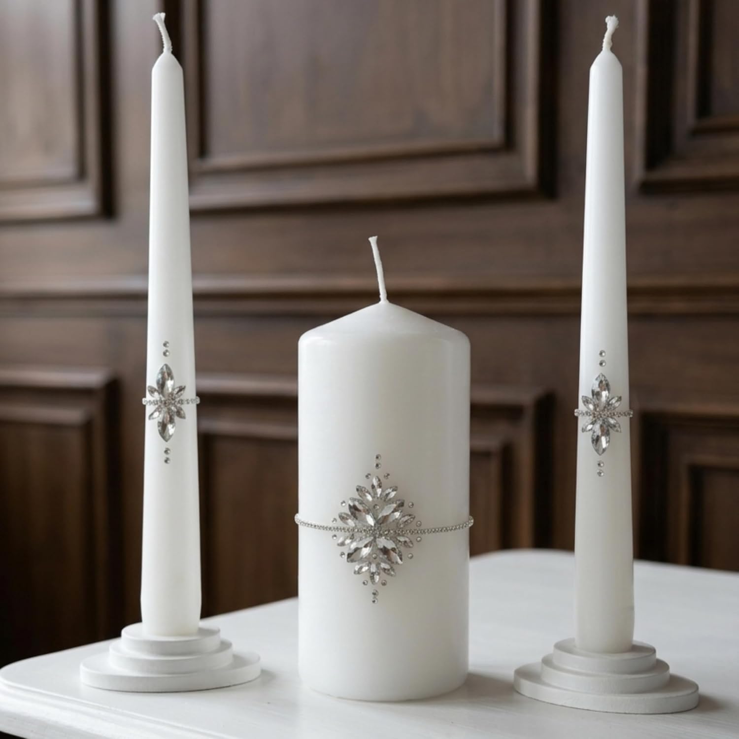 Unity Candle Set - Wedding Ceremony & Reception – 6” Pillar & Two 10” Taper Candles – Long Burning Unity Candles for Marriage Ritual – Handmade in USA –White|Cristal|Classic