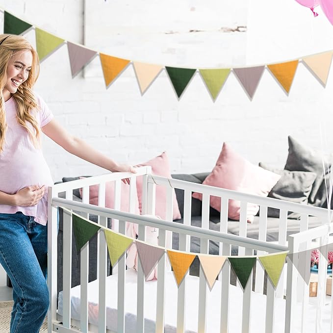 Oudain 15.5 ft Pennant Banner Flags, 2 Pcs Nursery Garland Triangle Bunting Flag Baby Banner for Nursery Decor Baby Birthday Boho Wedding Shower Party Event, Each 7.75 ft(Green Color)