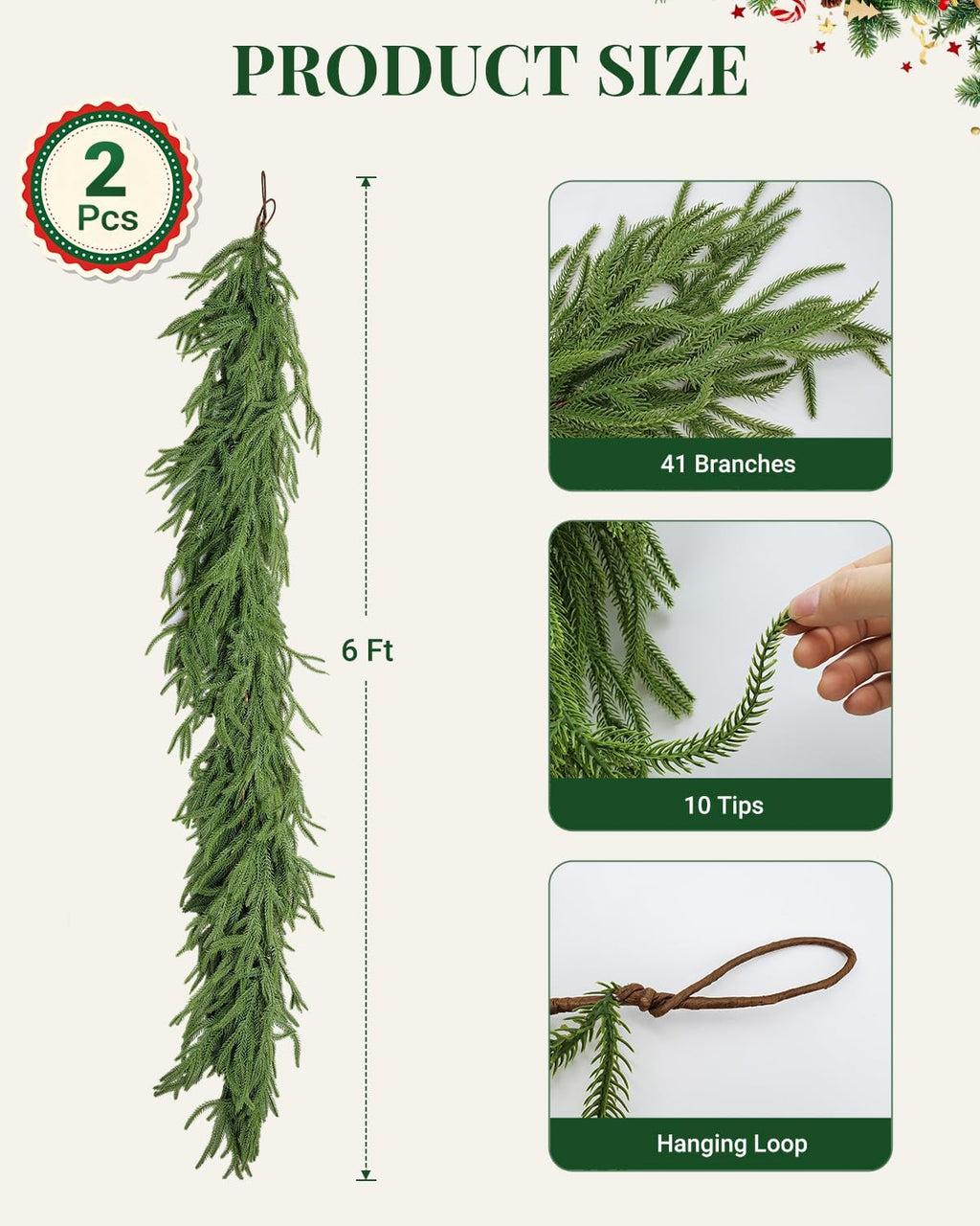 6 ft norfolk pine garlands, real touch christmas shown in use