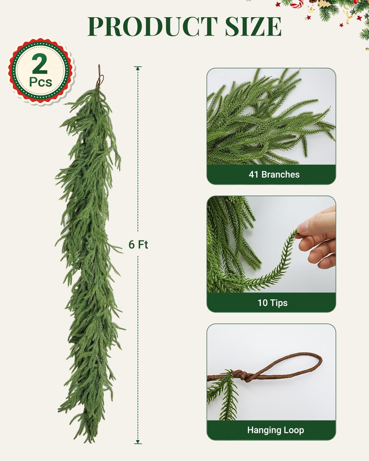 6 ft norfolk pine garlands, real touch christmas shown in use