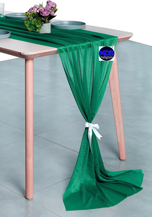 MDS 25 Pack 10ft Chiffon Table Runner 29 x 120 Inches Sheer Wedding Runner Romantic Rustic Table Runner for Wedding Decorations, Birthday Parties, Bridal Shower Party Arch Decor - Emerald Green