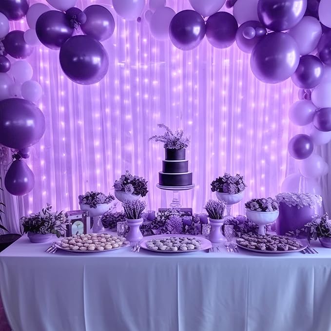 Lavender Tulle Backdrop Curtain with Lights String for Wedding Baby Shower 20×10ft Lavender Sheer Backdrop Curtain for Bridal Shower Birthday Party Photoshoot Background Decorations(4 Panels 5×10ft)